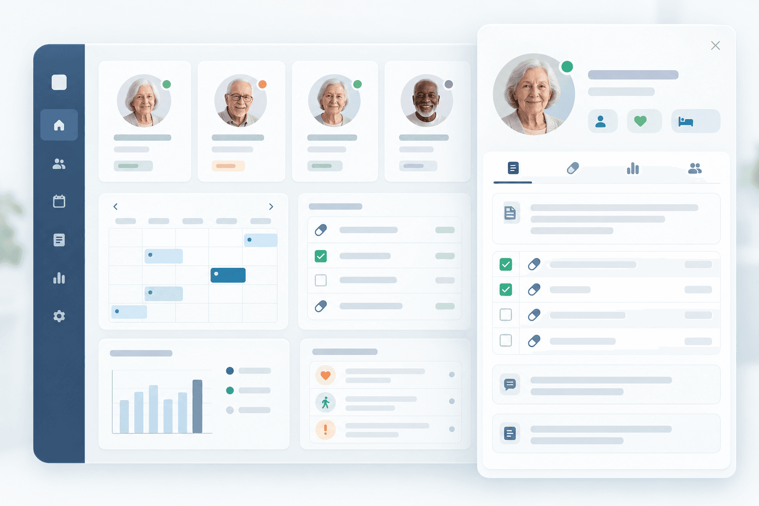 Vista conceptual del software NexCare con paneles de residentes, calendario, medicamentos y seguimiento operacional